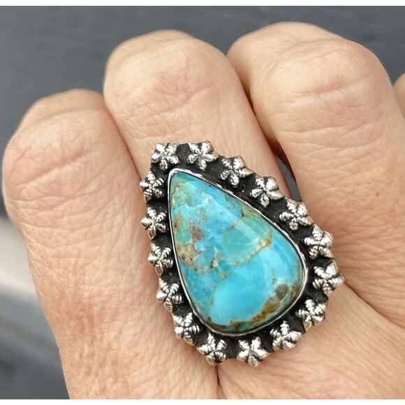 Sterling Silver NATIVE Style Southwest BIG TURQUOISE Ring Starburst Triangle 7 - Picture 2 of 8